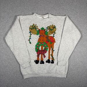 Peanuts Sweatshirt Men Medium? Gray Christmas Moose Graphic Ugly Sweater Vintage